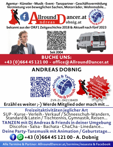 Agentur Andreas Dobnig 2023 Vermietung  WOMO Vermittlung AllroundDancer.at bekannt ORF Zeitgeschichte 2018/2023  u.+436644512100